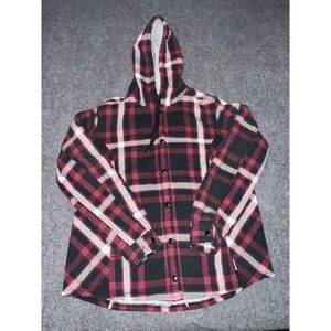 Wolverine Mens Large Hooded Flannel Shirt Jacket Red Black Plaid Fleece Lined